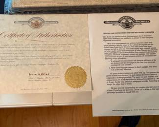 Historic Newspaper Archives certificate of authenticity and care instructions