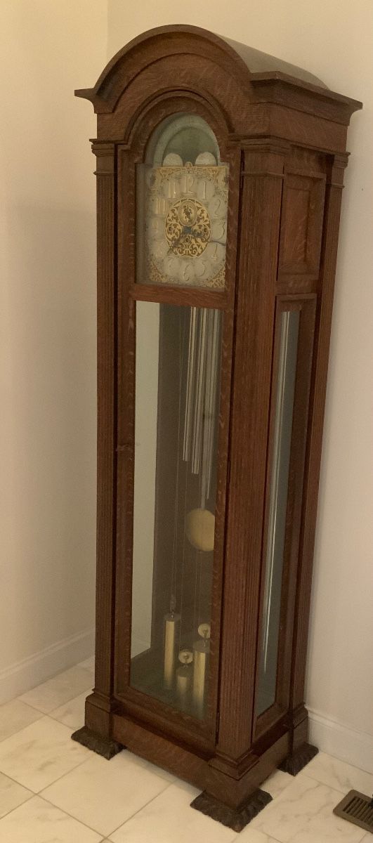 1904 Black, Starr and Frost grandfather clock. Constructed of quarter sewn oak and German mechanism (Mathias Bäuerle - “Elite”) Serial number 74073. Works, but needs adjustment to chiming hammers. From the estate of Beatrice Jennings Bremer, daughter of Witherbee Black - President of Black, Starr and Frost.