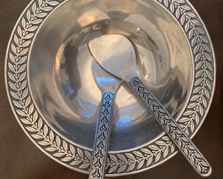 Pewter Salad bowl and serving utensils.