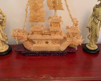 Rare yellow jade carved Chinese ship on base.