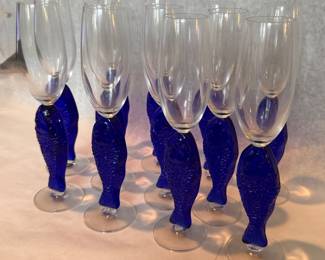 Cobalt Blue Fish Stem Champagne Flutes