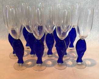Cobalt Blue Fish Stem Champagne Flutes
