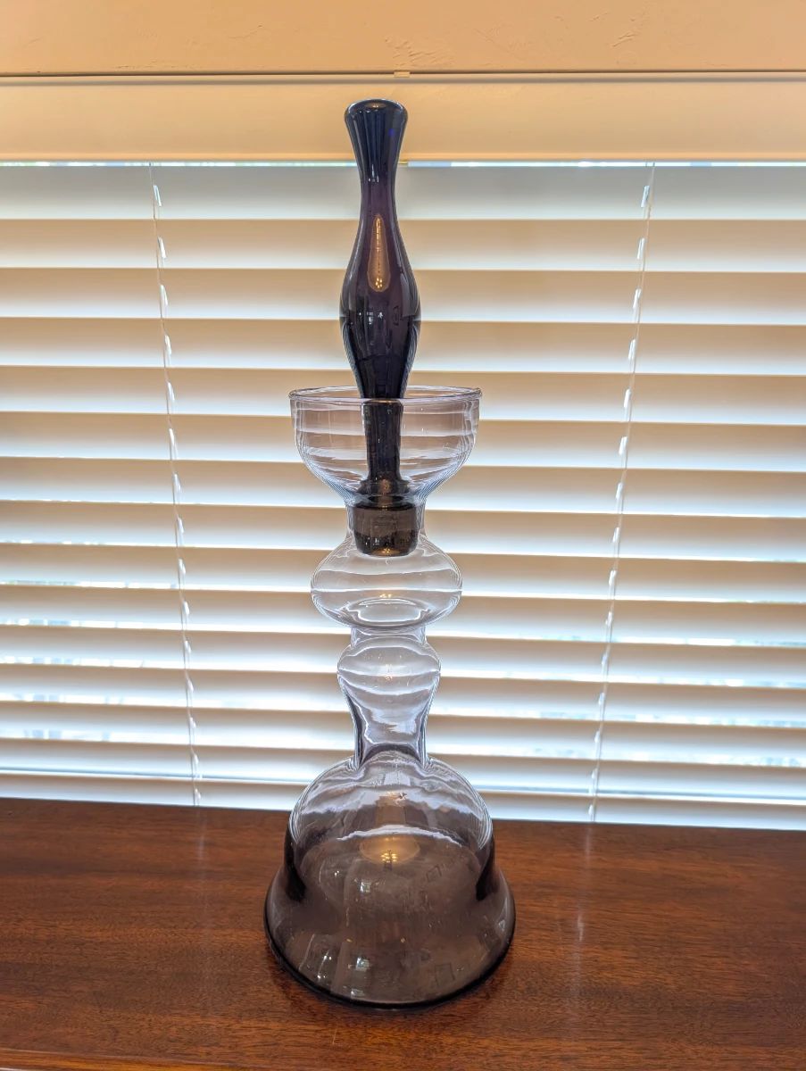 Blenko decanter in Lilac 5929-s likely from 1960. Lilac was discontinued in this pattern after 1960