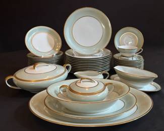 Vintage Noritake Japan Fine Bone China Set  Sage Green  Gold Rim