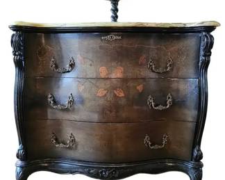 French Louis XV Style Marquetry Inlaid Bombay Chest with Figured Green Onyx Top