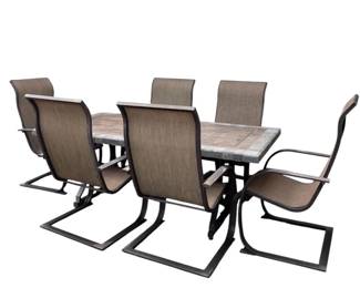 Large TileTop Patio Dining Table with 6 SlingBack Armchairs