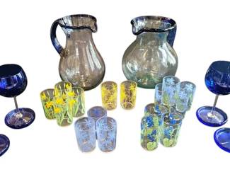 HandBlown Art Glass  Vintage Floral Glassware Set