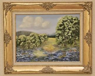 Original Texas Hill Country Bluebonnet Oil Painting in Ornate Gold Baroque Frame