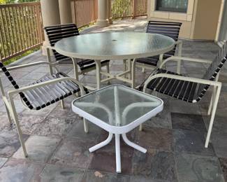 Outdoor Patio Set Round GlassTop Dining Table, Vinyl Strap Chairs,  Accent Table