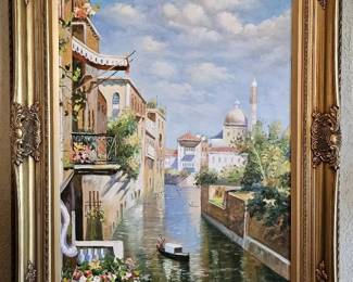 Original Venetian Canal Oil Painting in Heavy Baroque Frame by J. Abrams