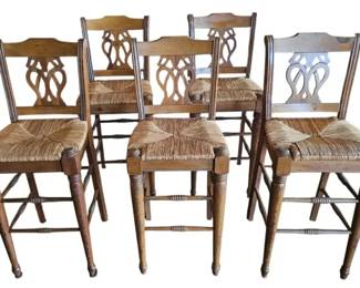 Set of 5 Rustic Farmhouse Solid Wood Bar Stools with Woven Rush Seats and Carved Backs
