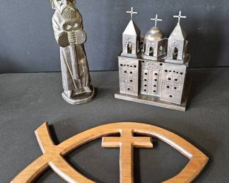 Vintage Christian Folk Art Carved St. Peter, Ichthys Cross  Punched Tin Church Luminary
