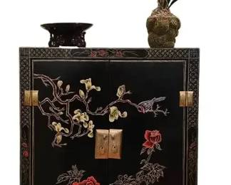 Vintage HandPainted Chinoiserie Black Lacquer Cabinet  Asian Decor