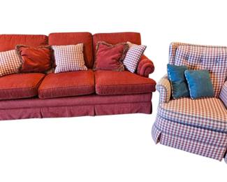 Vintage Country Style Red Skirted Sofa  Gingham Swivel Chair