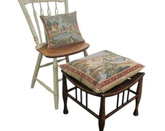 Ethan Allen ThumbBack Windsor Chair, Stool,  Belgian Jacquard Bruges Tapestry Pillows