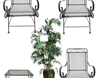MCM Wrought Iron Bounce Rocker Patio Seating Set  Faux Bamboo Palm