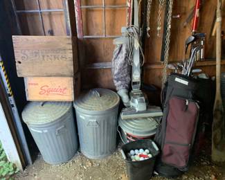 Wooden Crates (incl Squirt), Galvanized Trash Cans, Golf Club Set