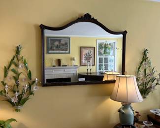 Antique mirror & pair of metal scones