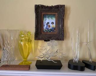 Frabel sculptures & framed porcelain art of two children