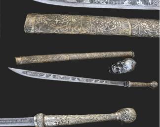 Antique c1900 40" Burmese Story Dha Sword Ornate Pictorial 30" Blade