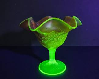 Uranium Glass Fenton Peacock & Urn Memento Mori Carnival Compote