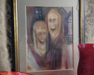 20" Creepy Chalk Portrait "Two Girls Who Sit & Stare" Warden Gothic Cubist Haunting 20x16