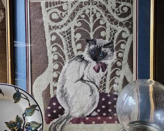 24" Siamese Cat Needlework Cross Stitch Bronze Frame