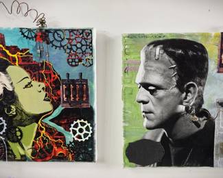 Frankenstein Monster & Bride Assemblage Collage Copper Wire Art Horror Decor Pair Canvas