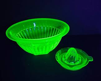 Uranium Glass Ribbed Mixing Bowl Hazel Atlas +Reamer UV Reactive Décor