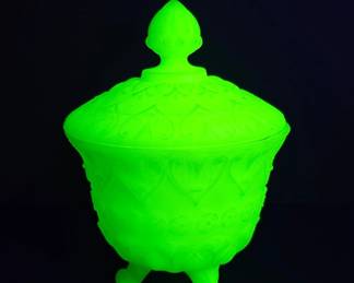 Uranium Glass Fenton Custard Satin Lidded Candy Dish Tri Foot