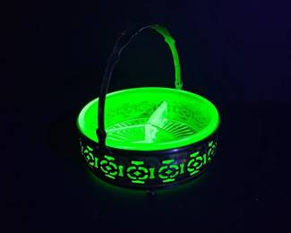 Divided Candy Nut Dish Antique Uranium Glass Chrome Holder