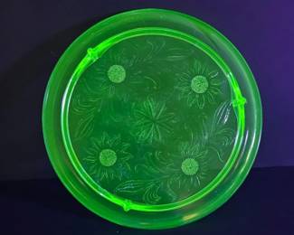 Uranium Glass Jeannette SunFlower Cake Plate Footed