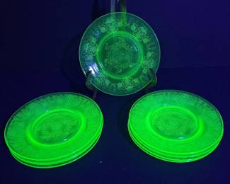 Uranium Glass Plates Hazel Atlas Florentine UV Reactive Gothic Decor
