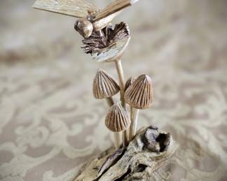 Carved Wood Mushrooms & Dragonfly Fairy Garden Hand Made