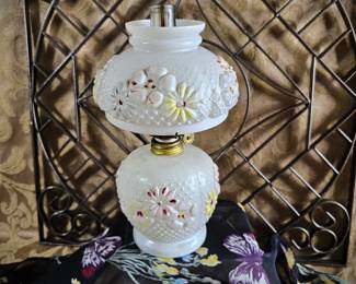 Mini Cosmos Milk Glass Oil Lamp Grandma Chic *Haunted Back Story