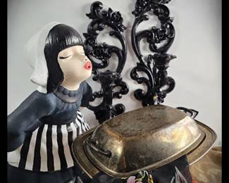 Dutch Girl Gone Goth Ornate Wall Sconces Patina Silver Covered Dish
