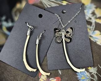 Gothic Butterfly Bone Pendant & Dangle Earrings Vulture Culture Décor