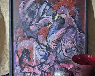 1958 25" Impasto Oil Painting Cock Fight Macabre Decor Post-War Expressionism Robert Kiskowski Local