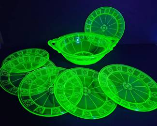 Uranium Glass Hazel Atlas Doric Bowl Lunch Snack Plates