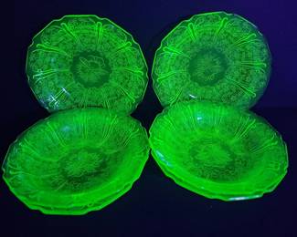 Uranium Glass 6 Bowl Set Jeannette Cherry Blossom UV Reactive Décor