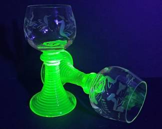 Uranium Glass German Roemer Wine Goblet Pair Etched