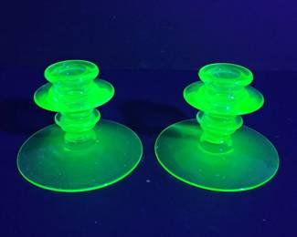 2 Uranium Glass Candle Holders Likely Fostoria UV Reactive Décor
