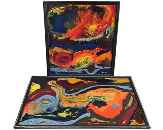 1976 Mod Abstract Paintings Craquelure Tholston Local Artist 70s Mod Retro Decor Paneling Boards 30"