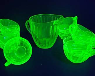WitchCore Tea Party 11 Cups Creamer Uranium Glass Gothic Decor