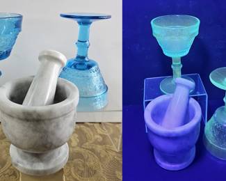 Mortar Pestle+UV Reactive Bi-C Blue Glass Goblets Tiara Sandwich 1976