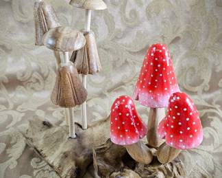 Charming Carved Mushrooms Wood Red Top Fairy Garden