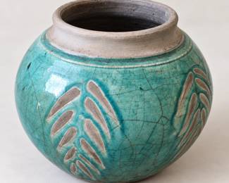 Turquoise Pottery Vase with Leaf Design