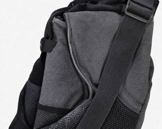 Gray-and-black fabric carry bag with mesh detailing and a shoulder strap.