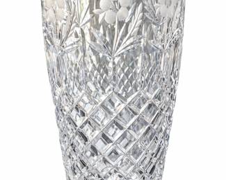 Tall clear glass vase with etched flowers, leafy stems, and crosshatched cuts.