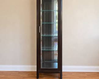 Tall Dark Wood Display Cabinet with Glass Door and Glass Shelves